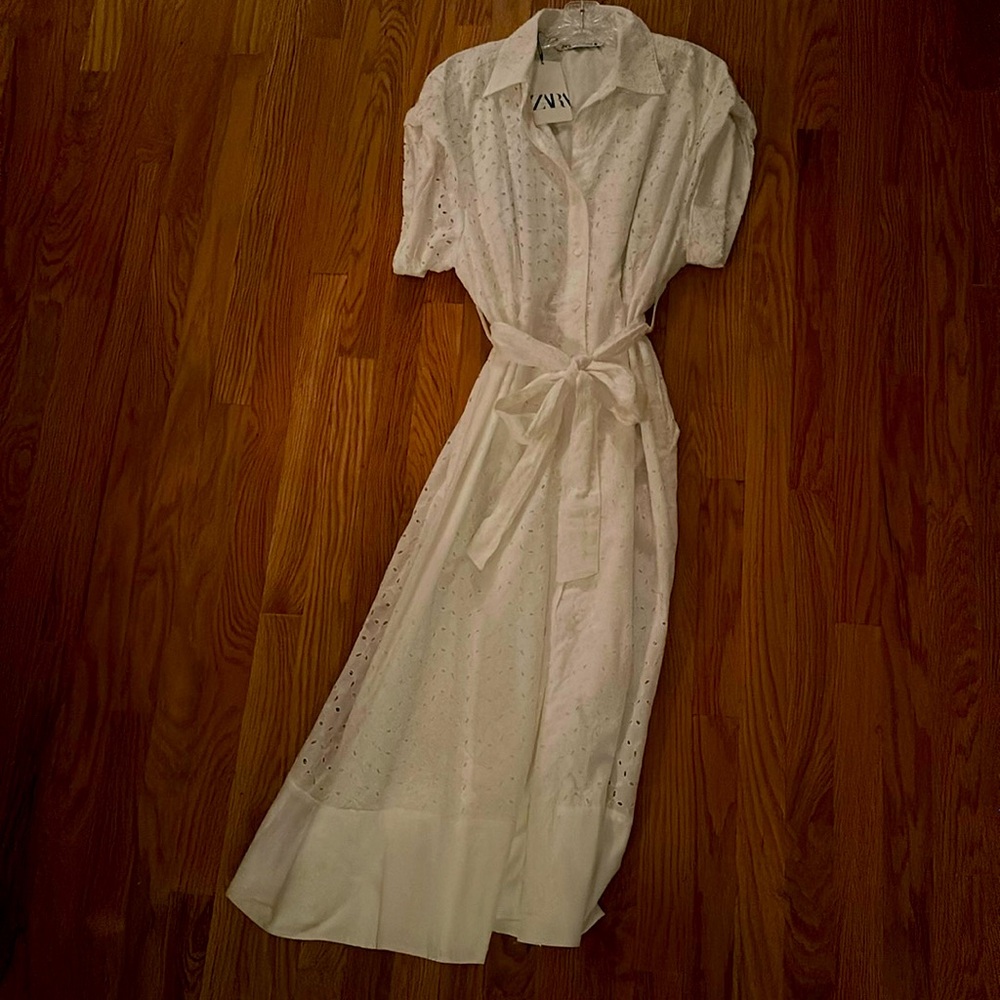 NWT Zara White Cotton Eyelet button down dress XXL